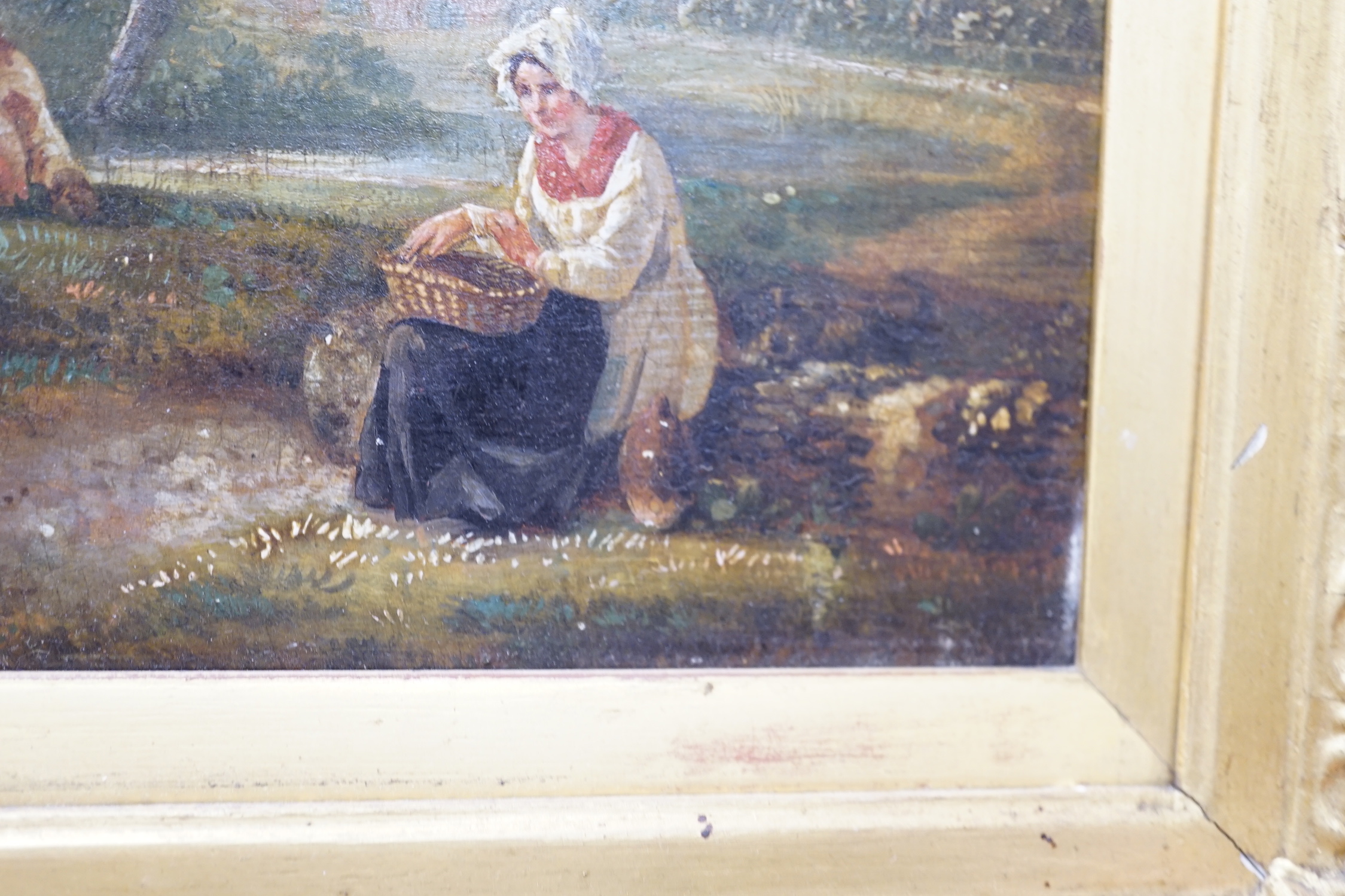 19th century English School, oil on wooden panel, Woman and cattle beside a windmill in a landscape, 27 x 31cm